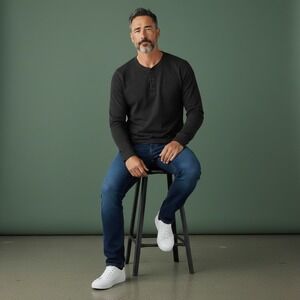 Faherty Brand Mens‎ Long Sleeve Henley Shirt Black Size M Crew Neck Button Up